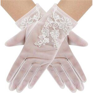 Women's Short Lace Floral Gloves Sheer Mesh Tulle Wrist Length Wedding Bridal